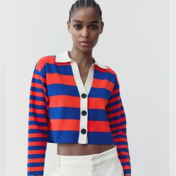 Zara Sweaters - Zara Striped Knit Navy/Red Cardigan size S